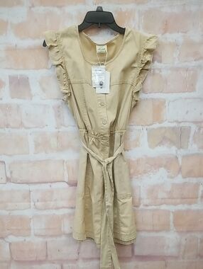Veryj Khaki Utility Tie-Waist Ruffle Sleeve Dress